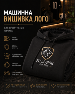 Машинна вишивка на текстилі &mdash; вишивка логотипів на замовлення. Лого на худі. Брендування мерчу вишивка для команд і компаній MV 022 фото