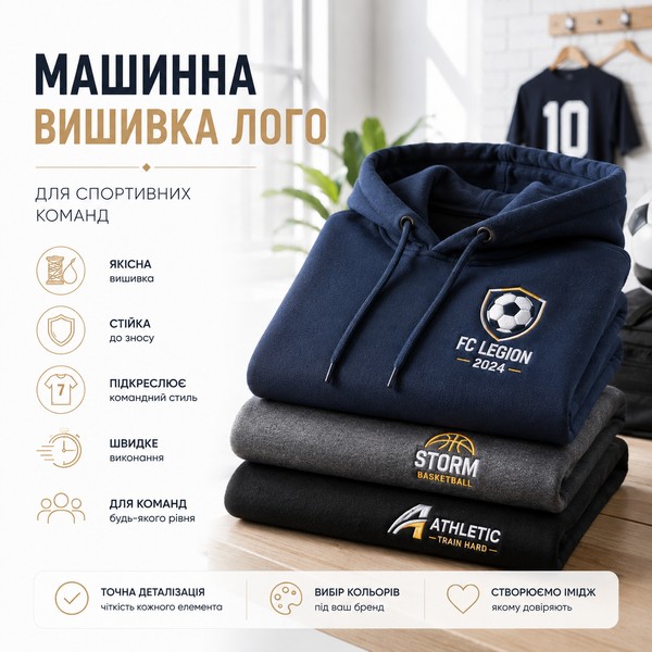 Машинна вишивка на текстилі &mdash; вишивка логотипів на замовлення. Лого на жилетах, робі, худі. Брендування мерчу вишивка для команд і компаній MV 022 фото