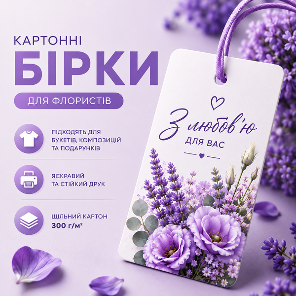 Картонні бірки 1000 з отвором з логотипом на замовлення для магазину, квіткового, бренду. Друк бірок Br101 фото